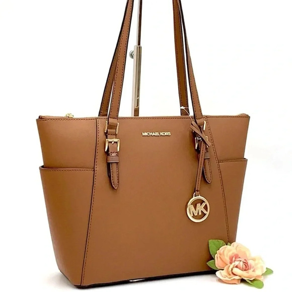 MICHAEL KORS CHARLOTTE LARGE TOP ZIP TOTE BAG LUGGAGE BROWN (NWT) - Picture 1 of 14
